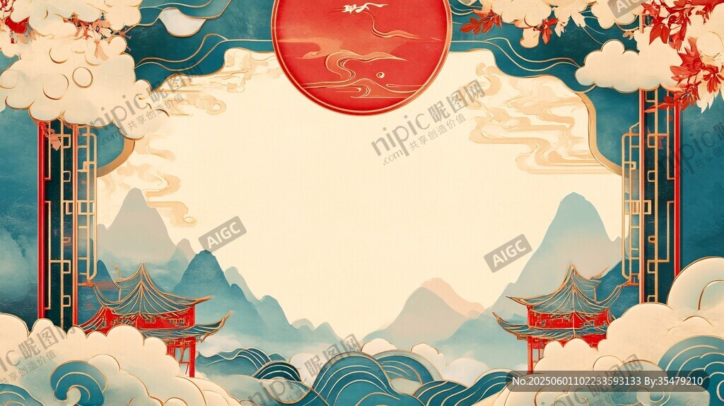 国风山水楼阁中式背景图