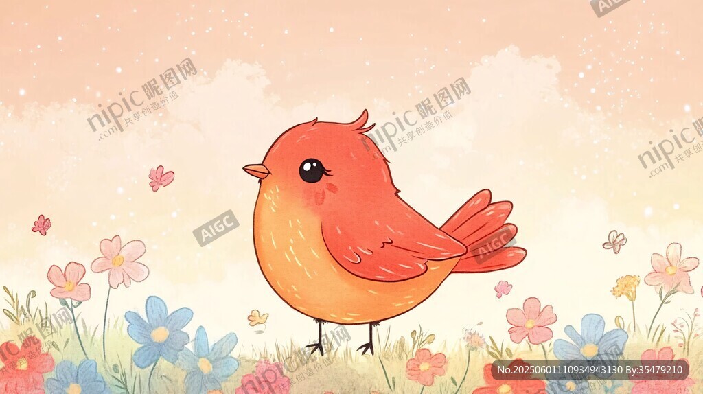 花丛中的可爱红小鸟
