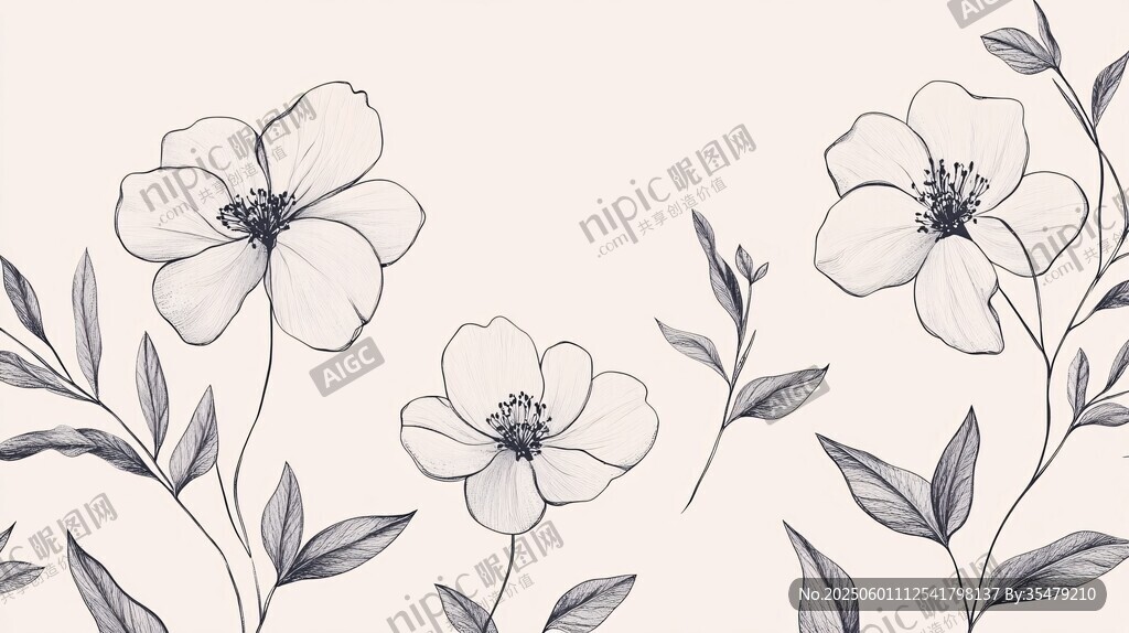 手绘黑白花卉装饰图案