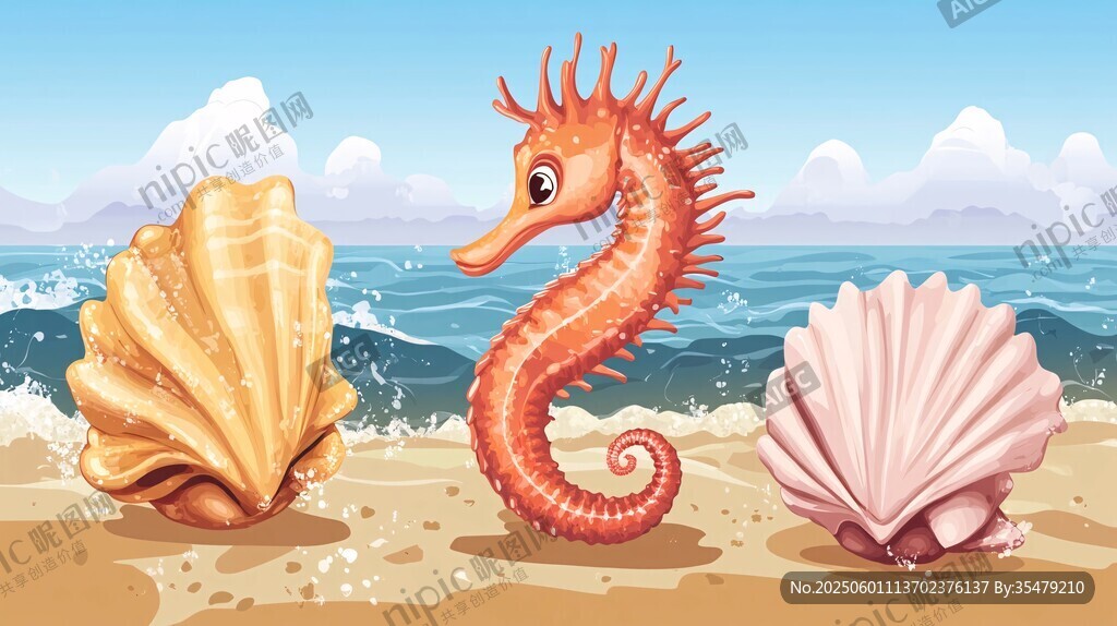 沙滩上的海马与美丽贝壳