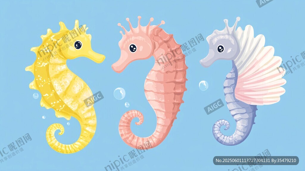 三只可爱海马的梦幻插画