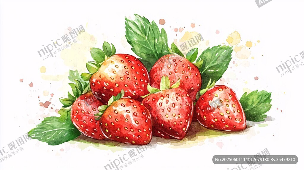 水彩绘新鲜草莓与绿叶
