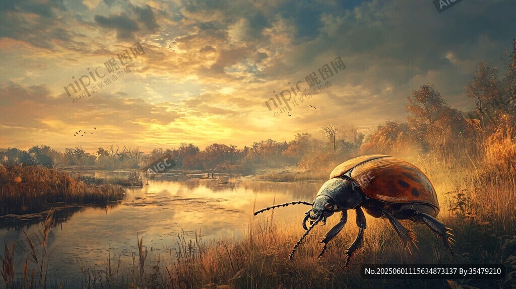 夕阳下河畔的甲虫漫步