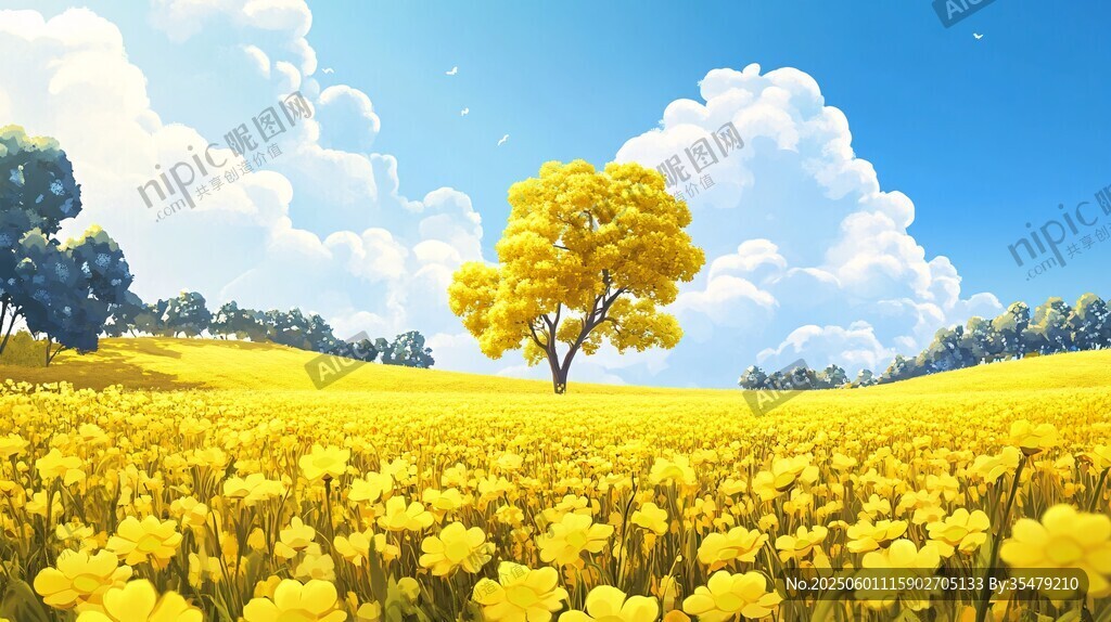 金黄花海中的孤独黄树
