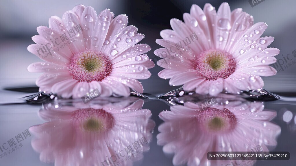 两朵带露粉花的唯美画面