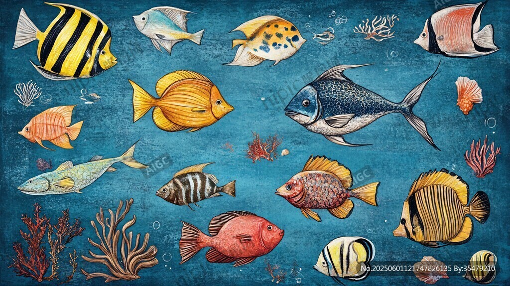 海洋鱼类插画 多样海洋生物