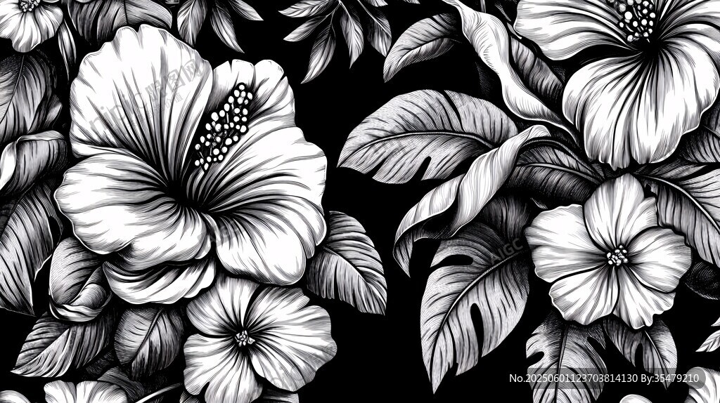 黑白扶桑花植物图案