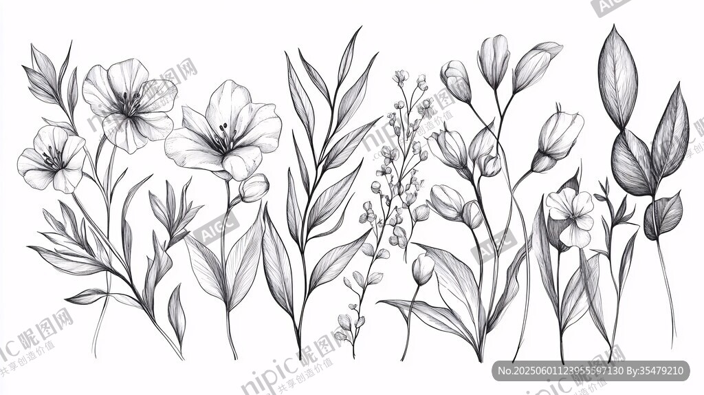 黑白手绘花卉植物图案
