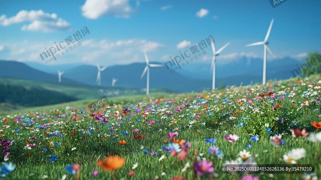 花海中风车林立的美丽景致