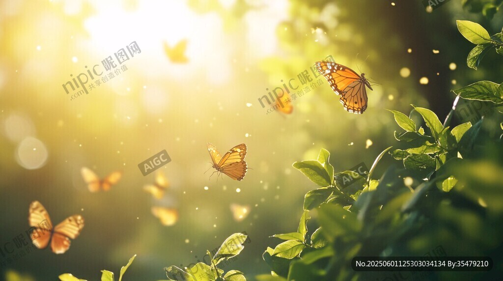 阳光中飞舞的蝴蝶与绿叶
