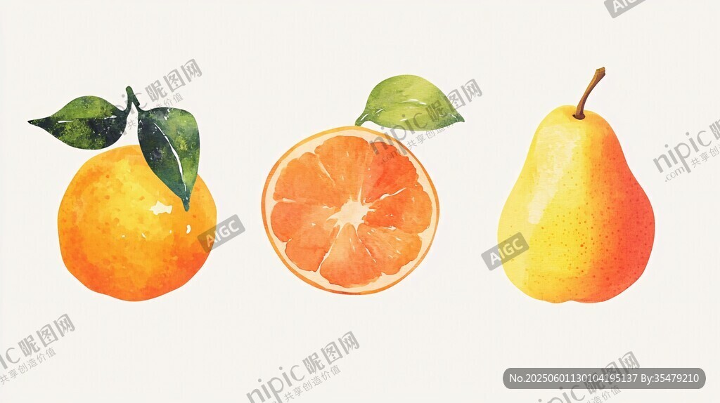 水彩绘柑橘与梨水果图