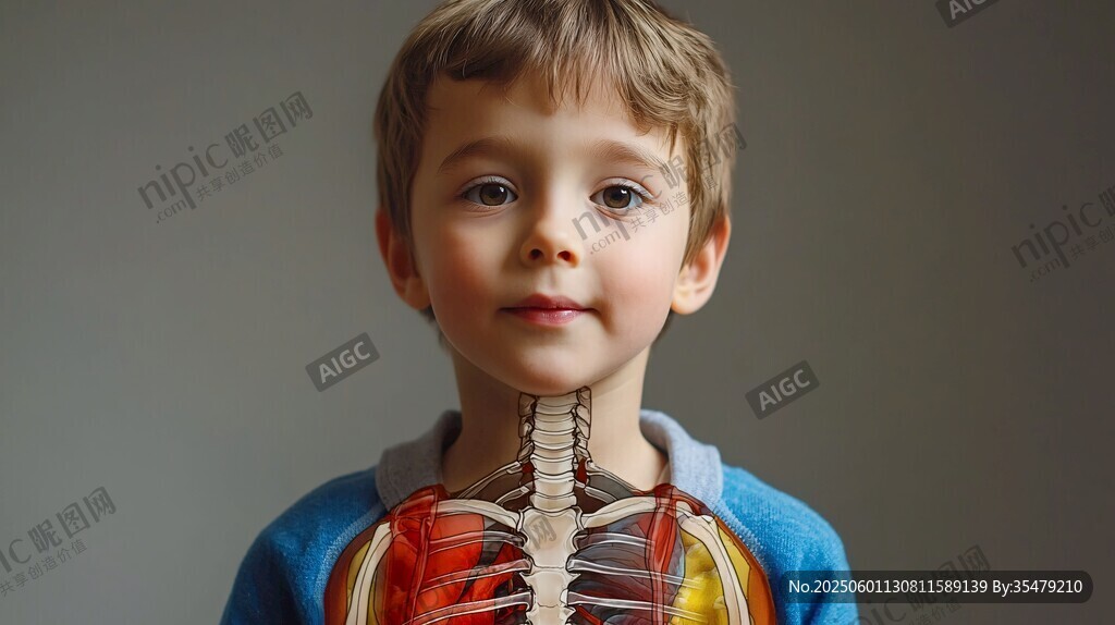 男孩展示体内骨骼与器官模型