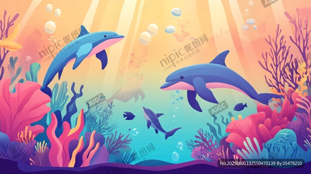 梦幻海底的海豚嬉戏场景