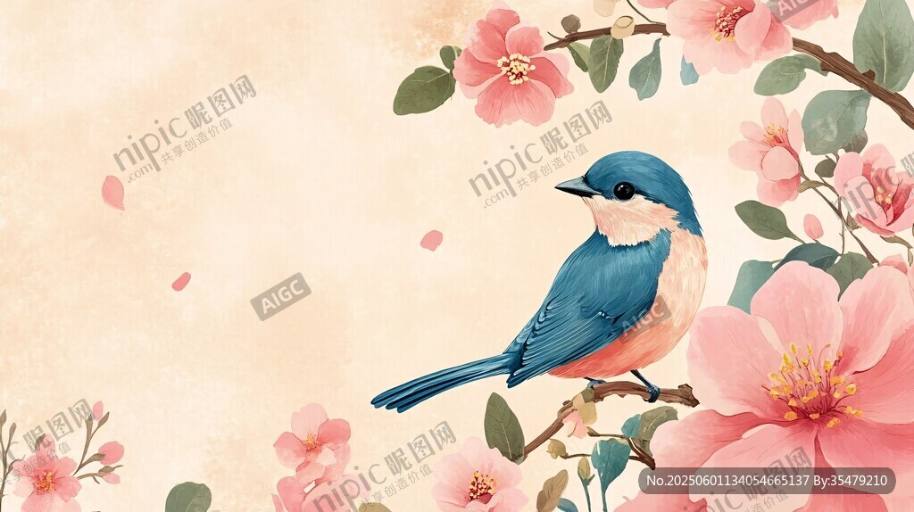 蓝鸟栖于繁花枝头