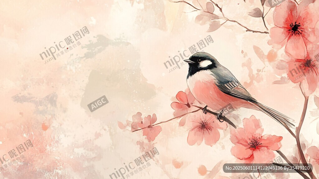 枝头俏鸟伴繁花