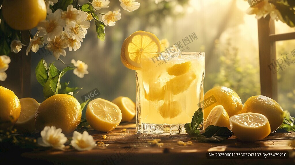 阳光中的柠檬特饮与鲜果