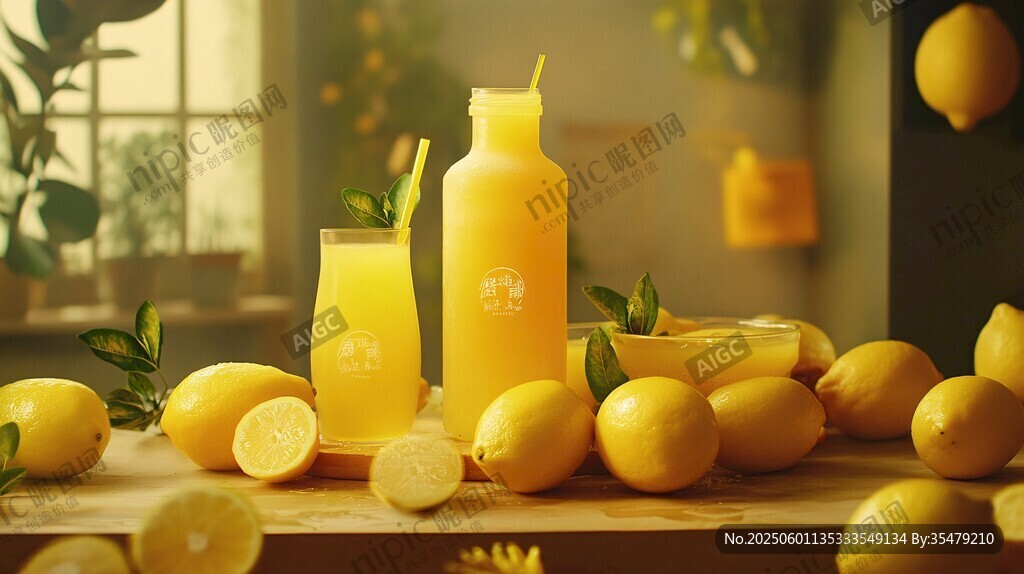 新鲜柠檬汁与柠檬摆满桌