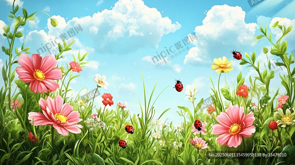 春日繁花间的瓢虫漫步