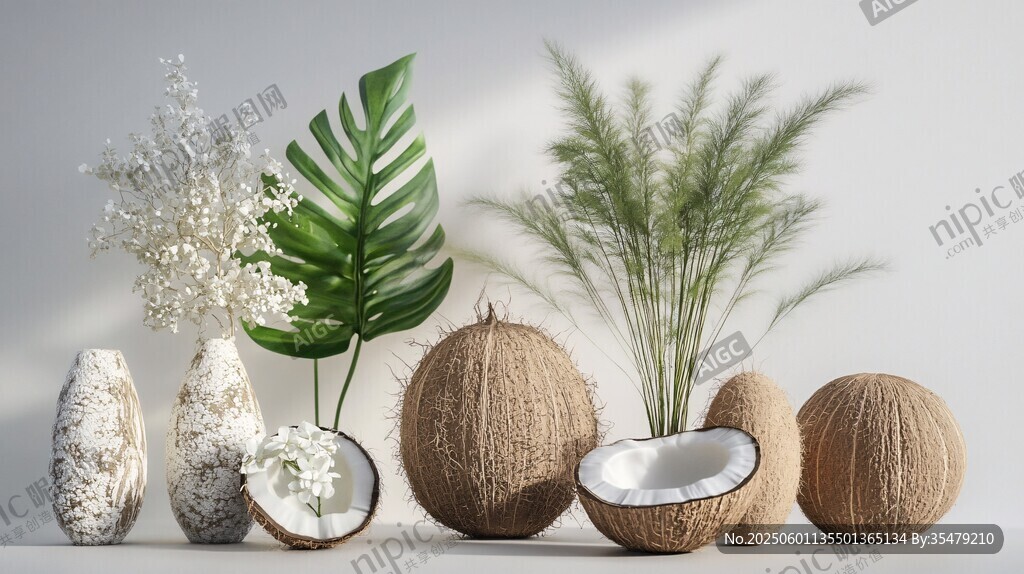 椰果与绿植的清新组合