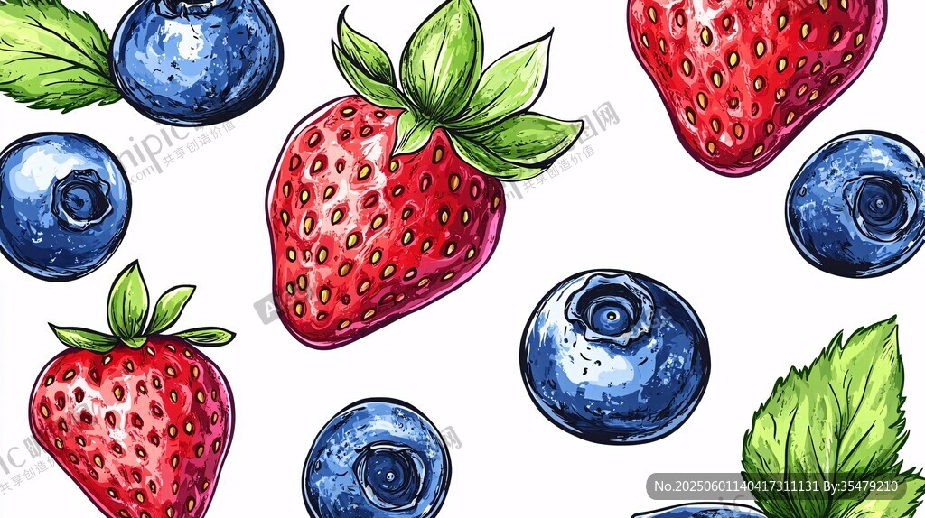 草莓蓝莓插画 清新水果风