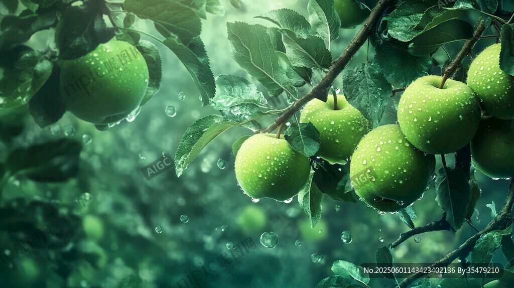 青苹果挂枝 水珠晶莹