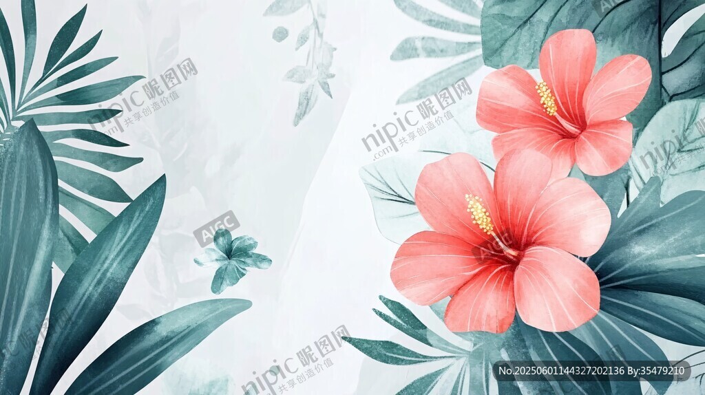粉色扶桑与绿叶清新插画