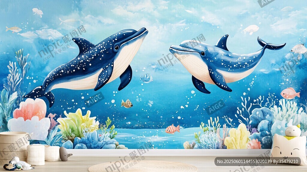 梦幻海豚海底墙绘场景