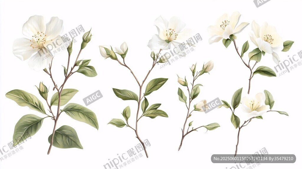 手绘白色茉莉花植物插画