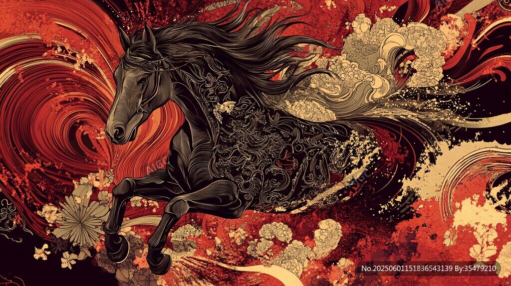 奔腾黑骏马 中式华丽画卷