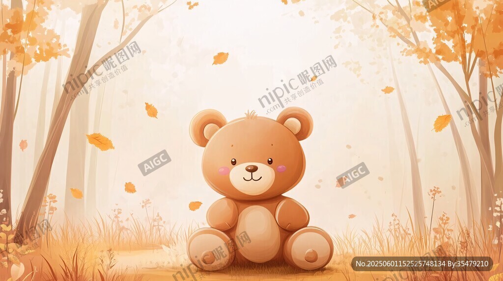 秋日林间的可爱小熊