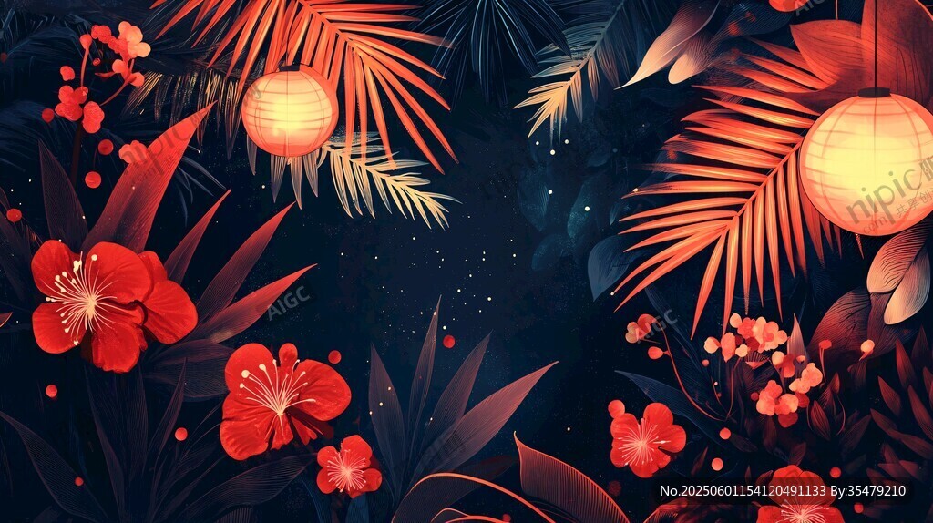 夜下繁花与灯笼梦幻图景