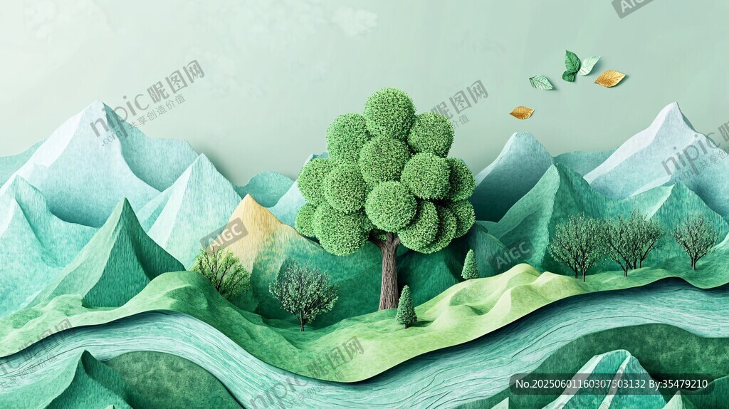 纸艺山水间的绿意小树