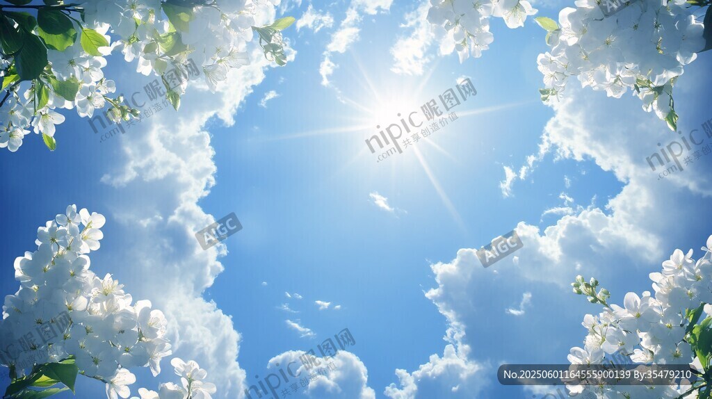 蓝天白云下的烂漫繁花