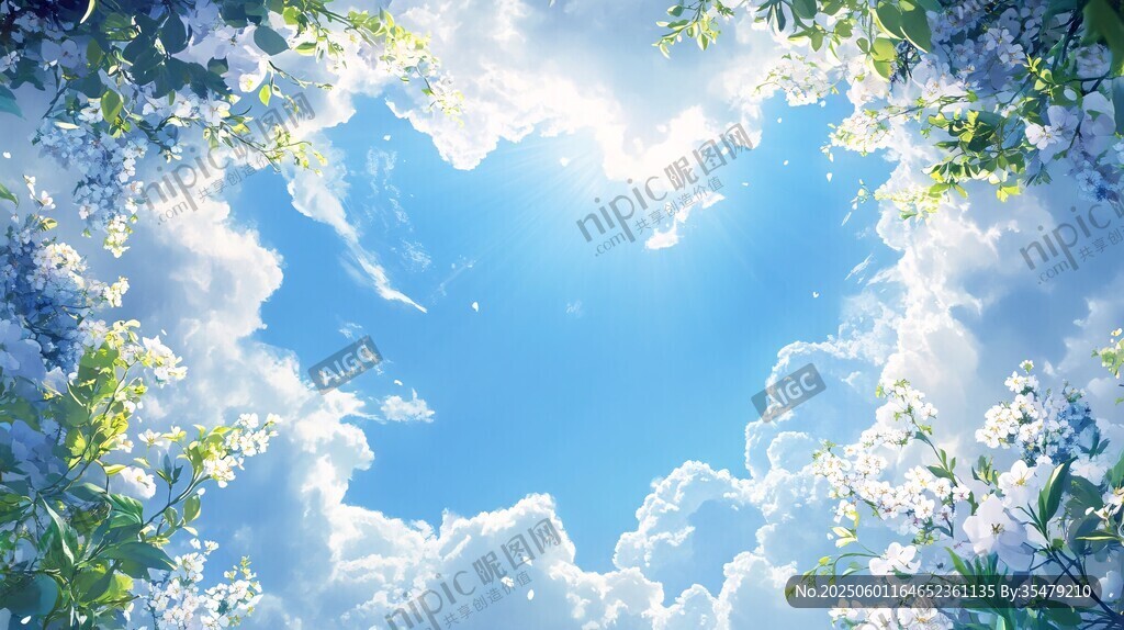 梦幻蓝天繁花环绕美景