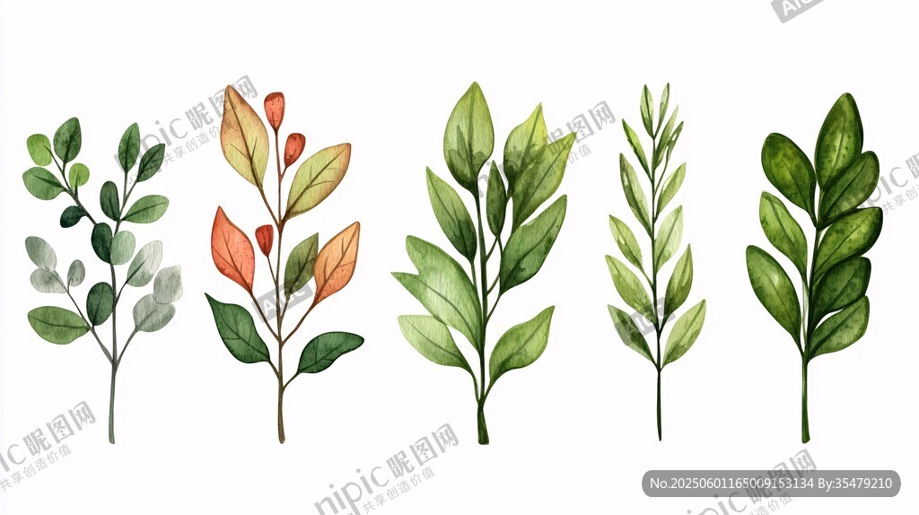 手绘清新植物枝叶组合
