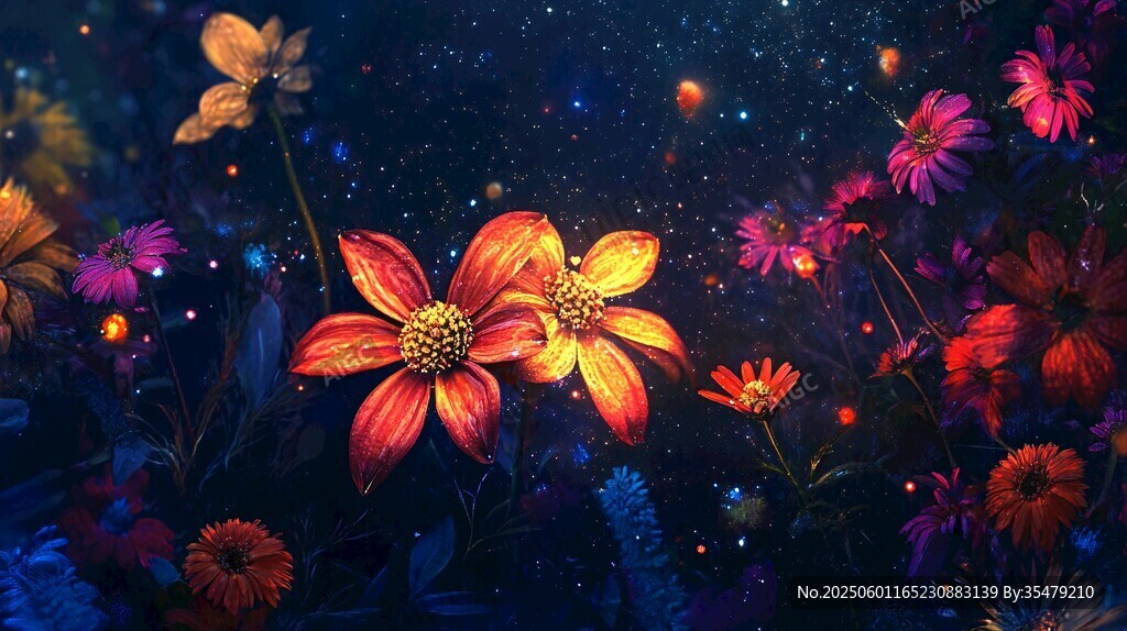 梦幻星空下的绚烂花卉