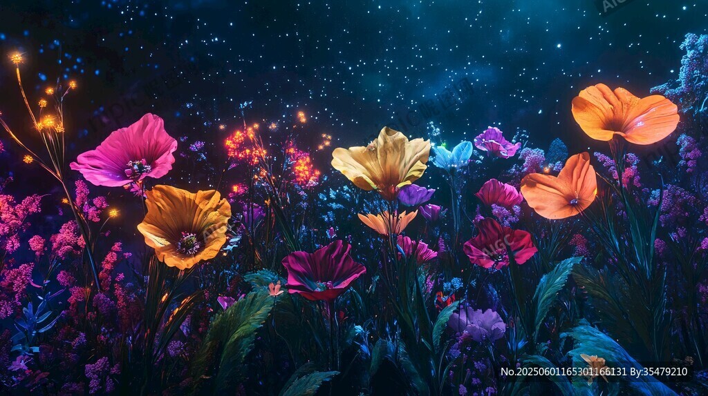 梦幻夜下绽放的多彩花卉