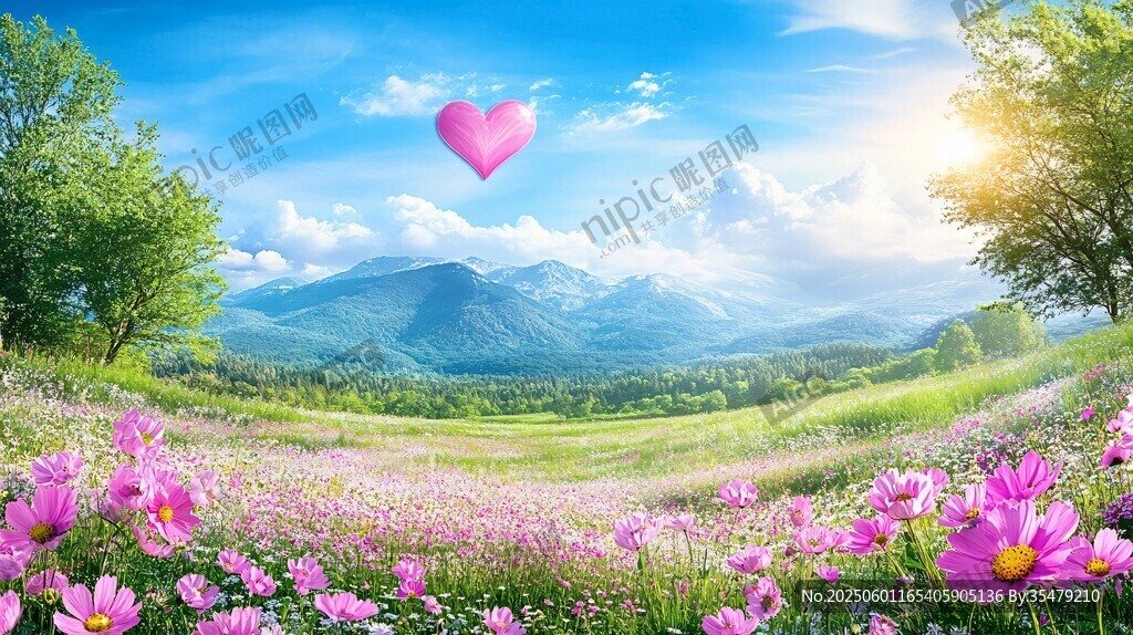 浪漫花海与天空爱心美景