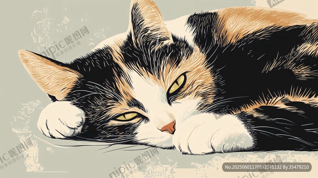 慵懒三色猫惬意休憩