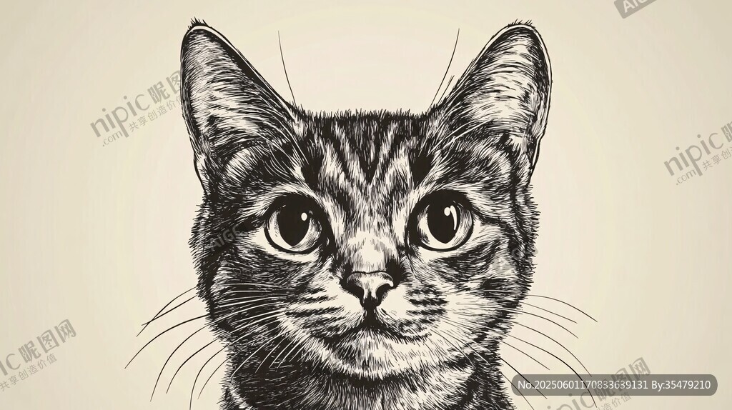 猫咪黑白素描头像特写