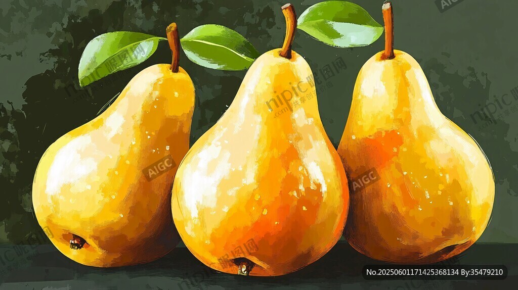 三个金黄梨子的水彩画