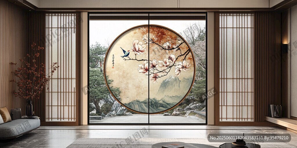 中式客厅圆形花鸟窗景