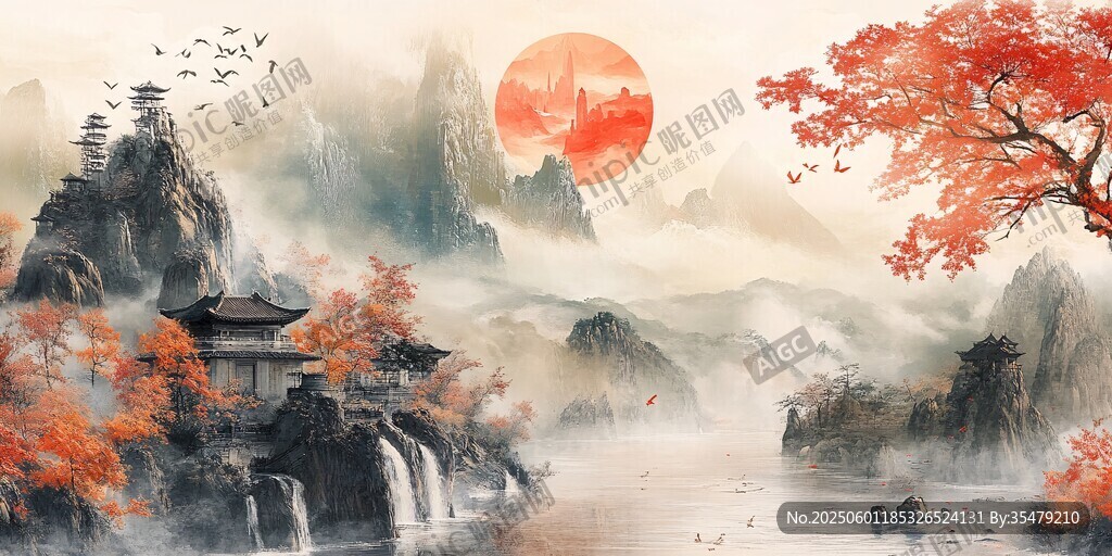秋日山水诗意画卷