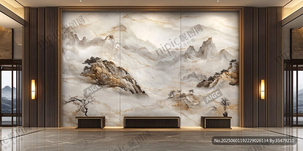 中式山水玄关装饰壁画