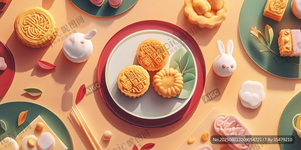 中秋月饼与可爱玉兔摆件
