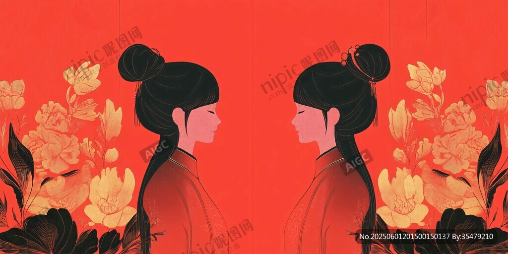 双姝对影映繁花