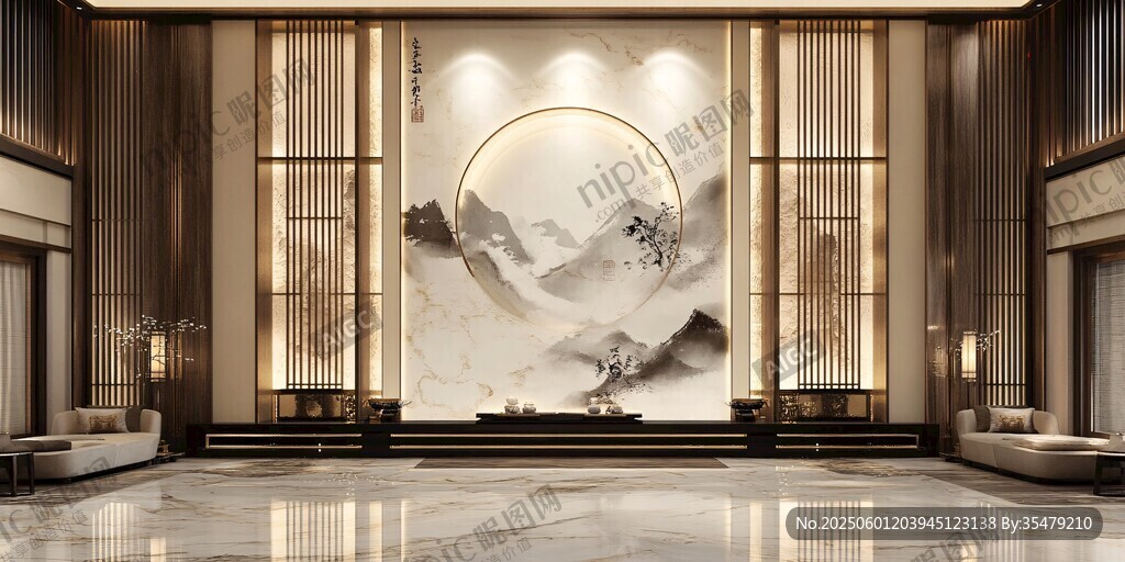 中式大气酒店大堂山水壁画