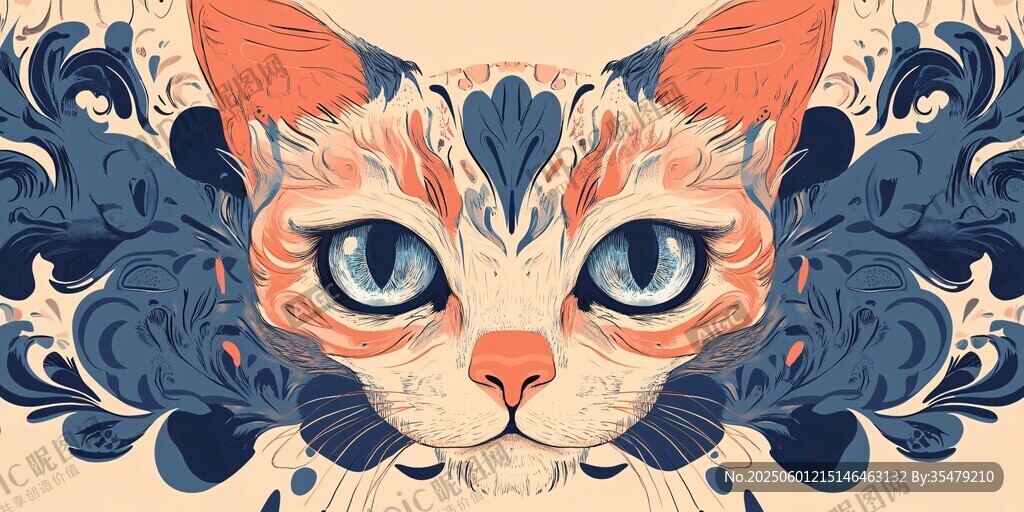 猫咪梦幻花纹艺术插画