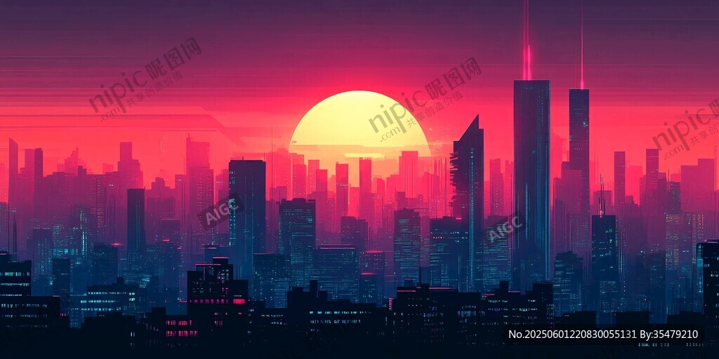 落日下的梦幻未来都市景观