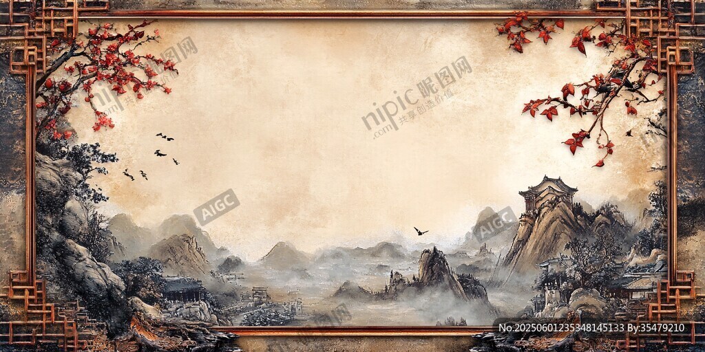 古风中式山水边框背景图